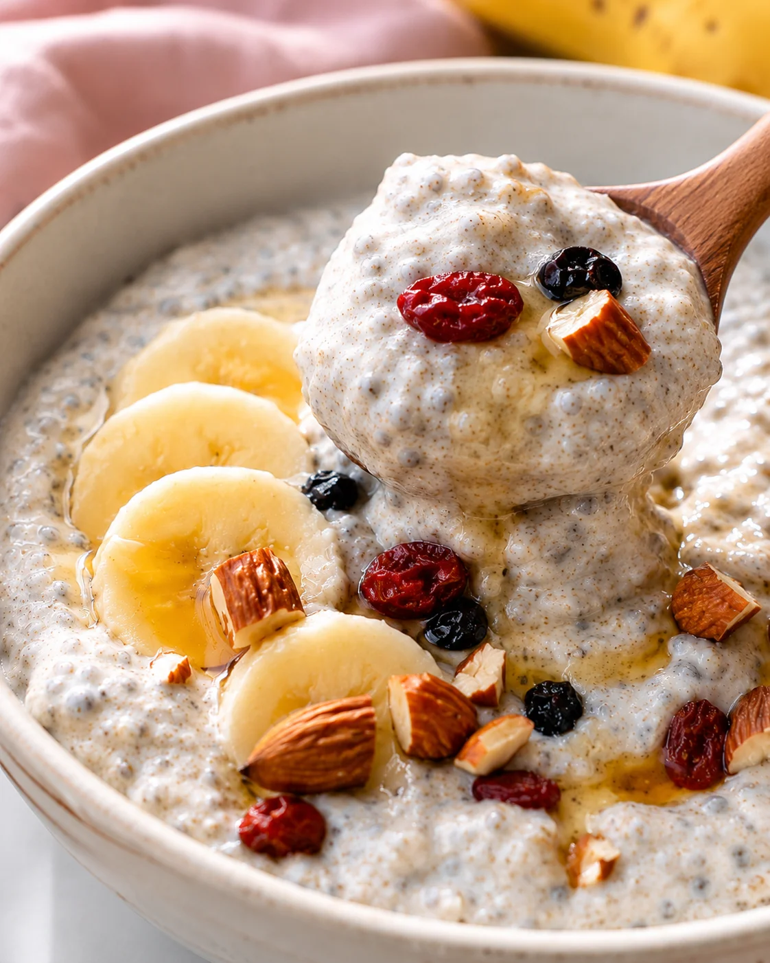A bowl of creamy banana chia pudding topped with banana slices, nuts, and dried fruit.