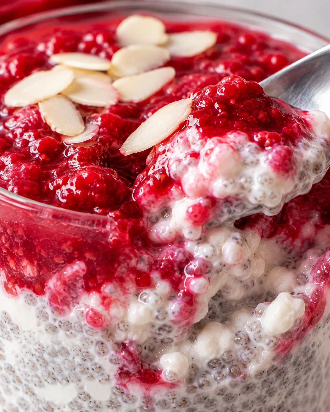 Close-up of creamy raspberry chia pudding with cottage cheese and almond slices on top