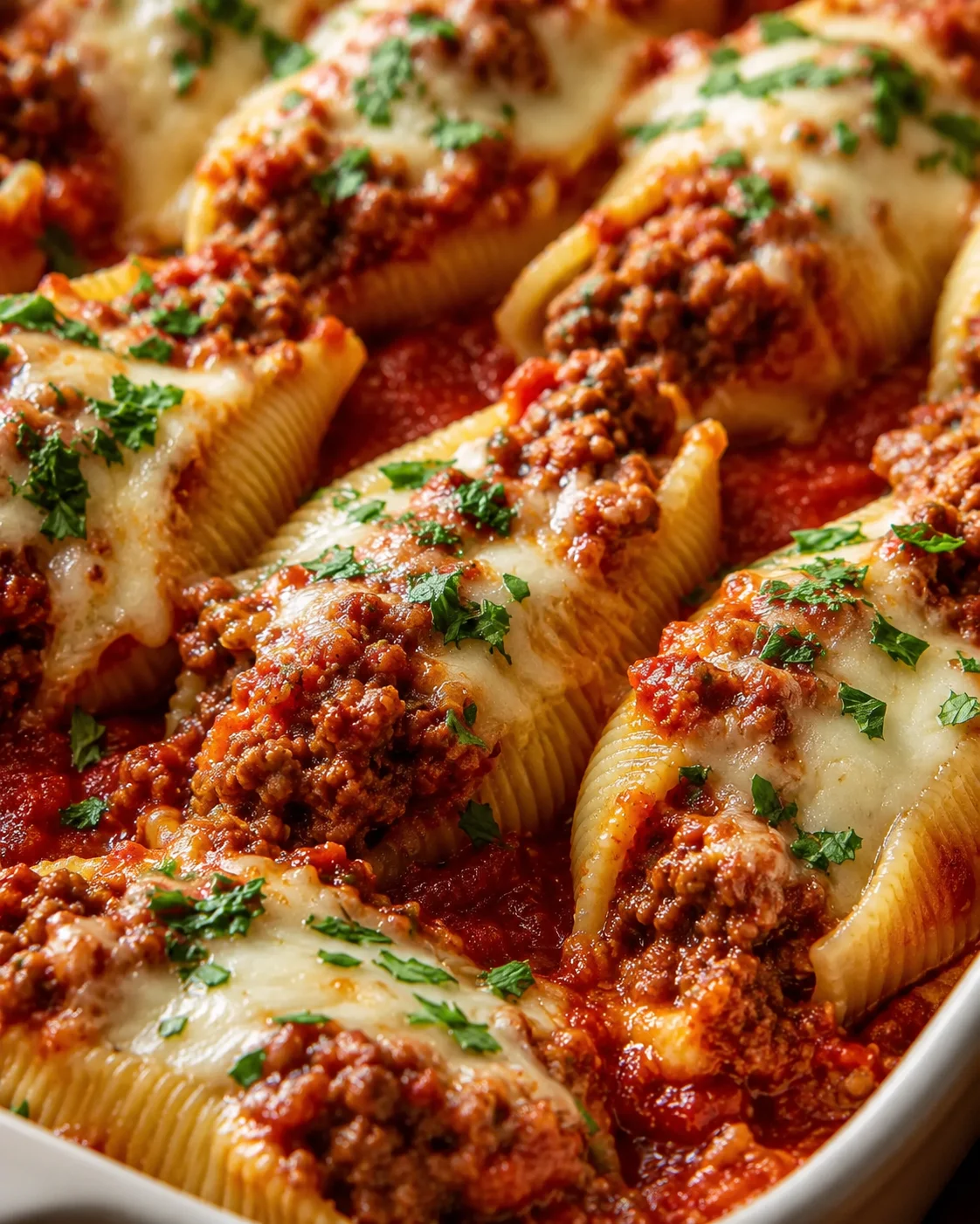 Close-up of baked beef stuffed pasta shells topped with cheese and herbs.