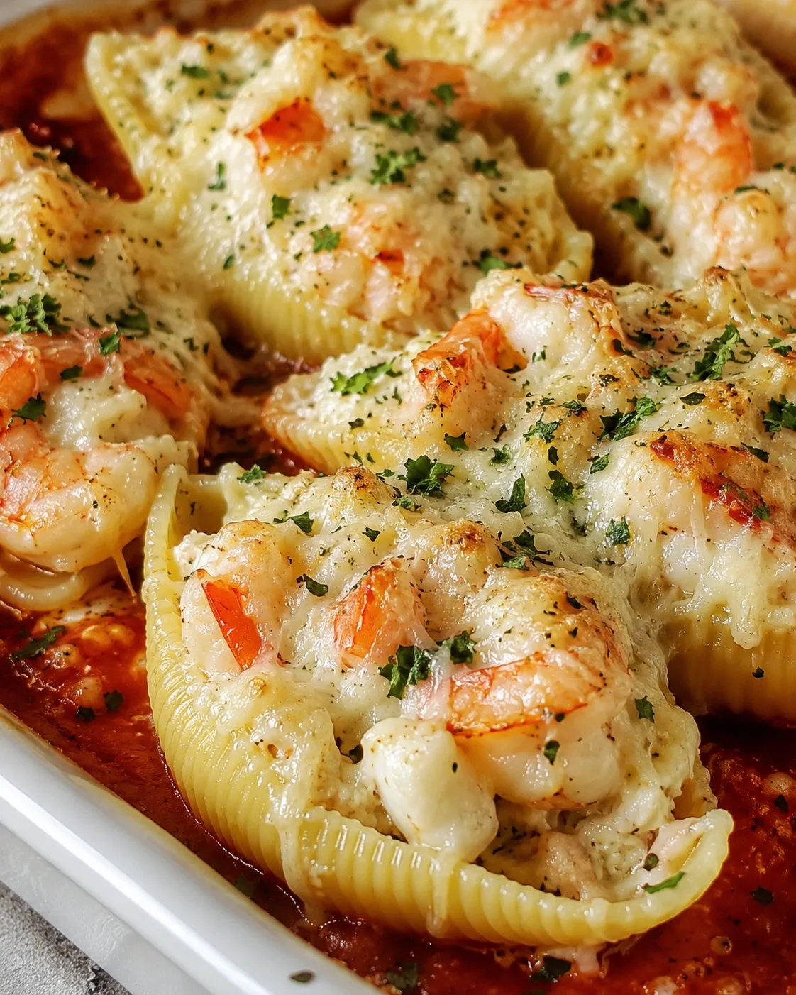Close-up of baked pasta shells filled with shrimp, crab, and melted cheese, topped with herbs