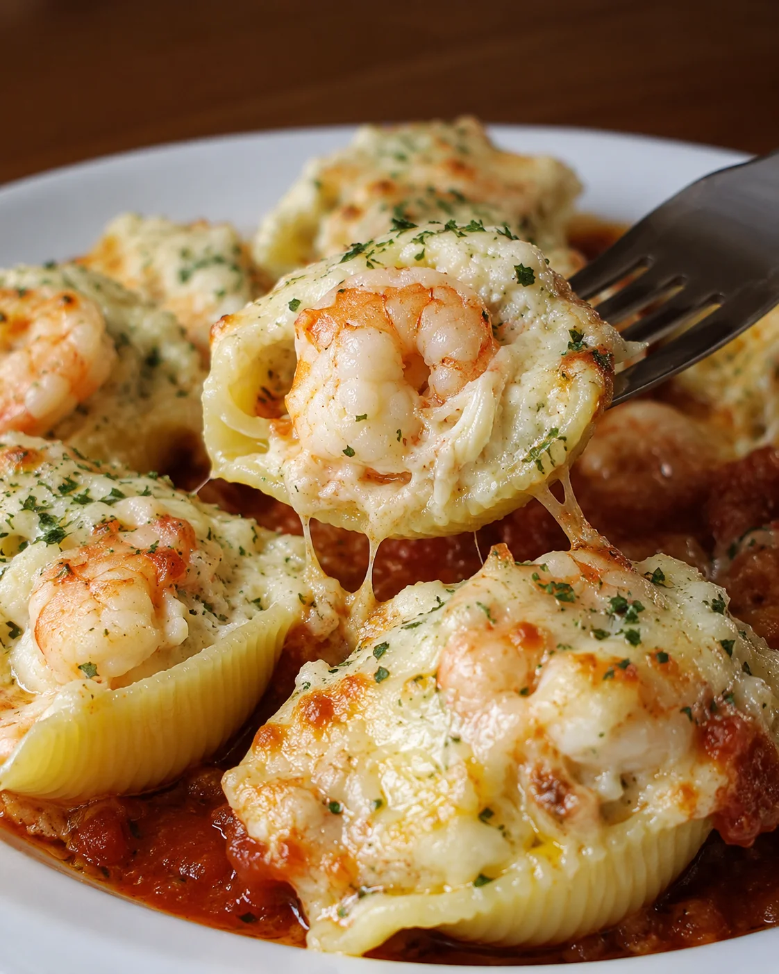 Close-up of baked pasta shells filled with shrimp, crab, and melted cheese on a plate