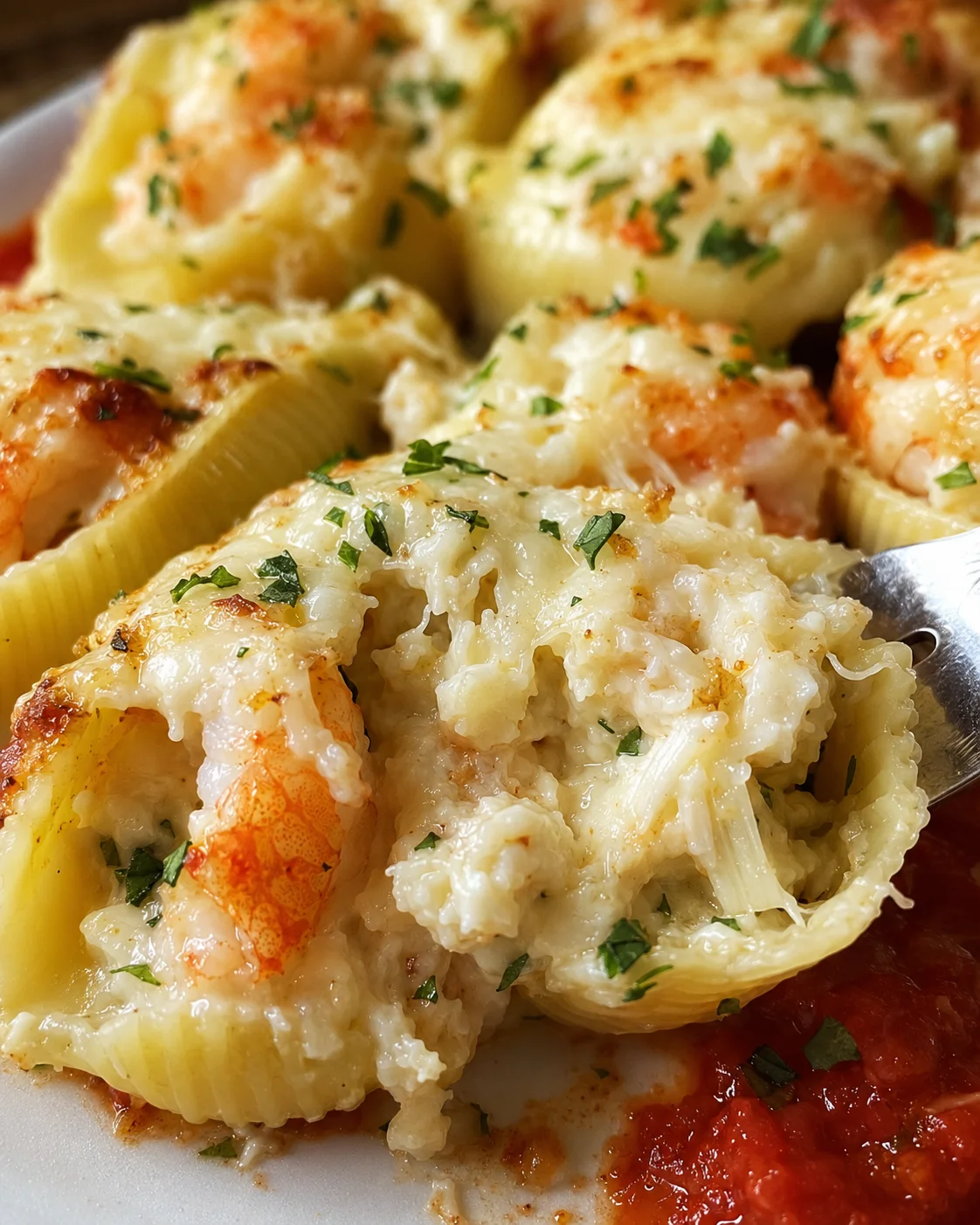 Close-up of baked pasta shells filled with shrimp, crab, and cheese, topped with parsley.