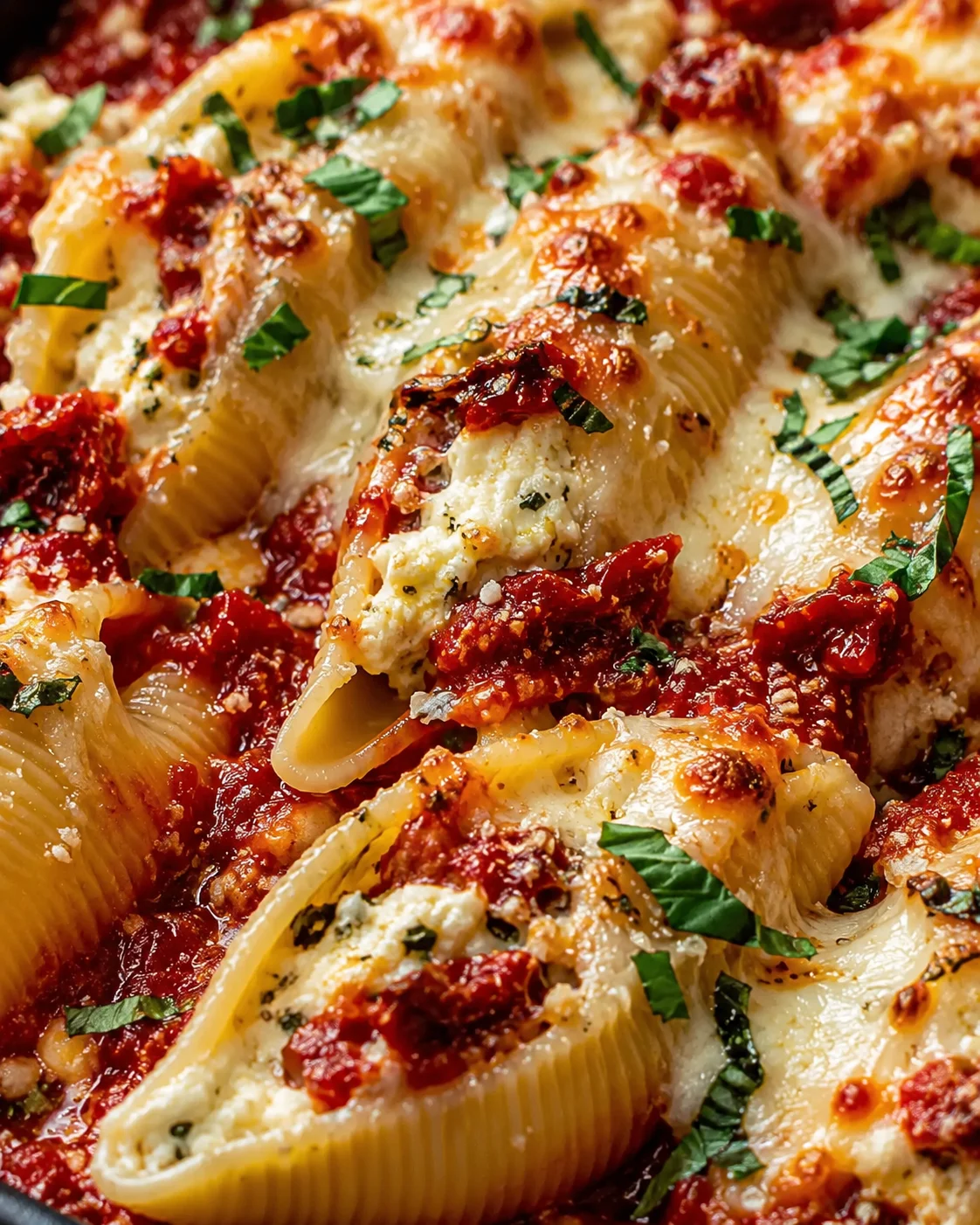 Close-up of cheesy baked stuffed shells with sun-dried tomatoes and herbs.