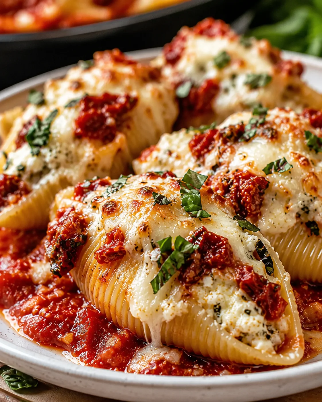 Close-up of baked pasta shells topped with melted cheese and fresh herbs