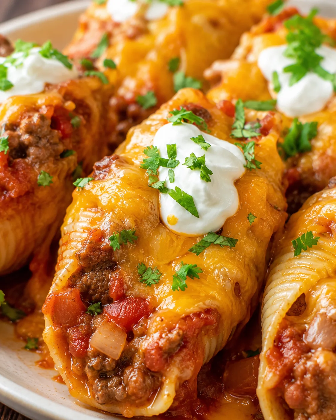 Enchilada Stuffed Shells Recipe Delicious enchilada stuffed shells topped with cheese and fresh cilantro.