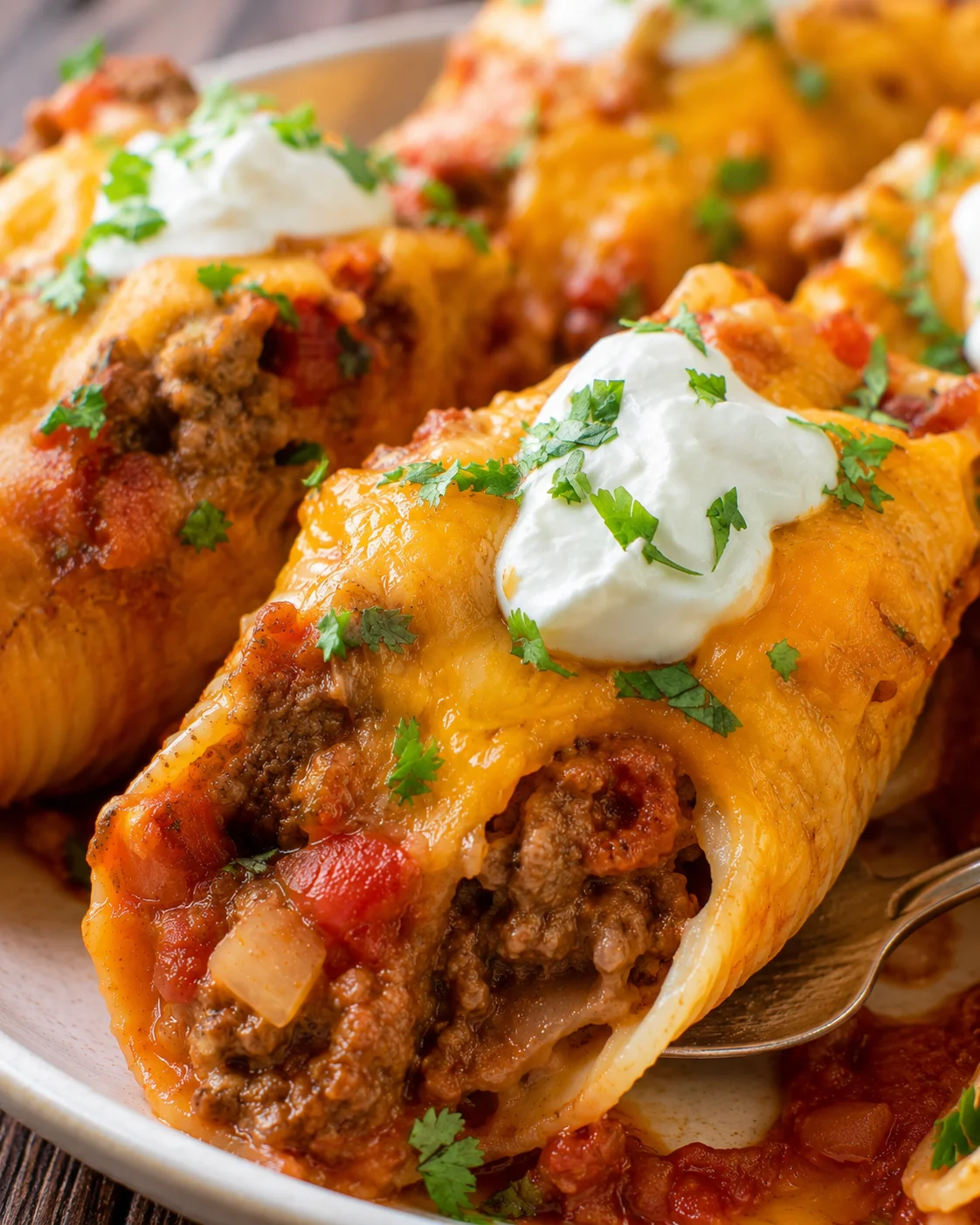 Enchilada Stuffed Shells Close-up of cheesy enchilada stuffed shells topped with sour cream and cilantro