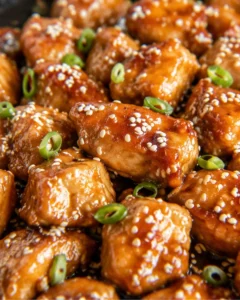 Close-up of glazed sesame chicken bites garnished with sliced green onions and sesame seeds.