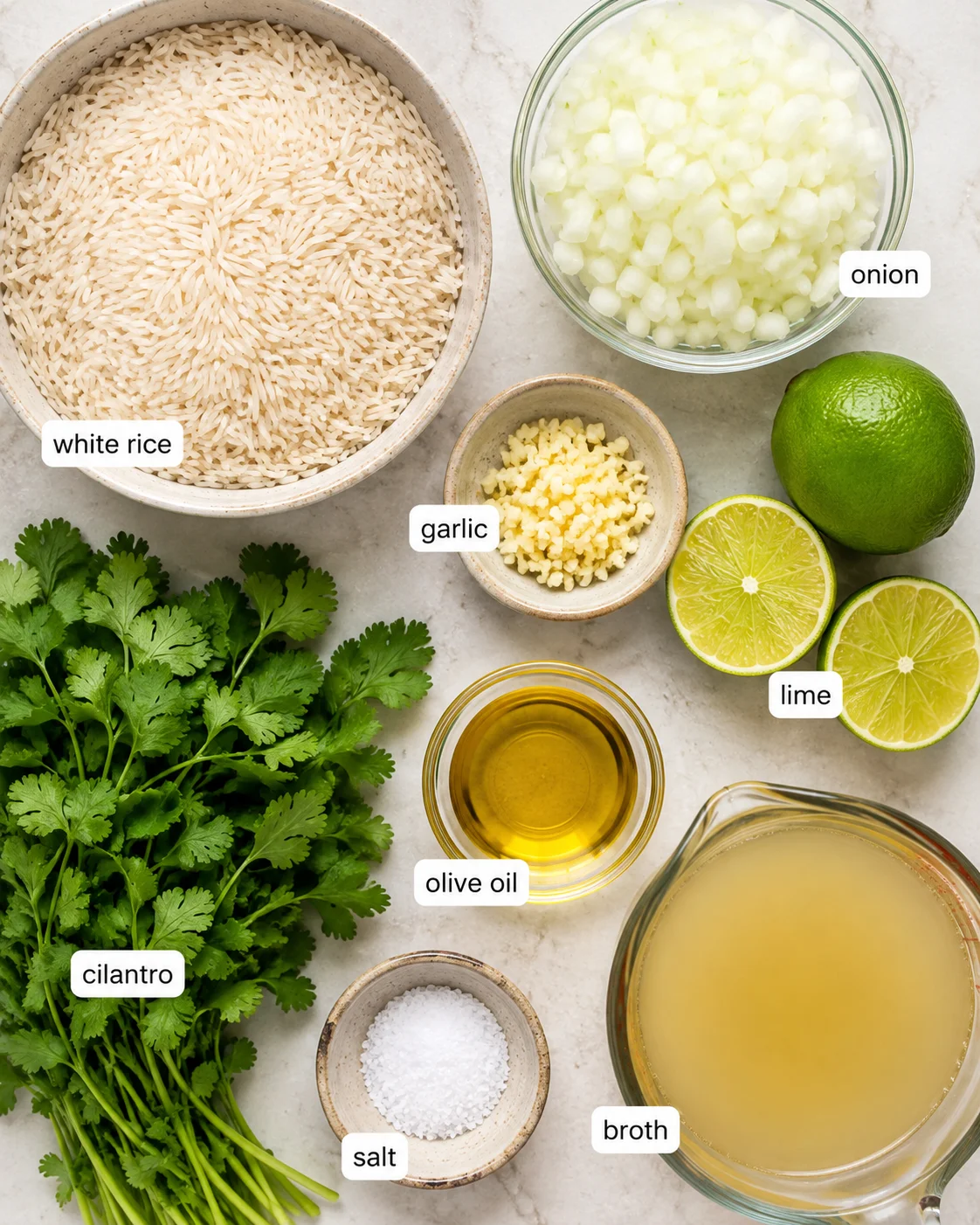 Top-down view of ingredients for cilantro lime rice including rice, cilantro, limes, garlic, onion, oil, salt and broth