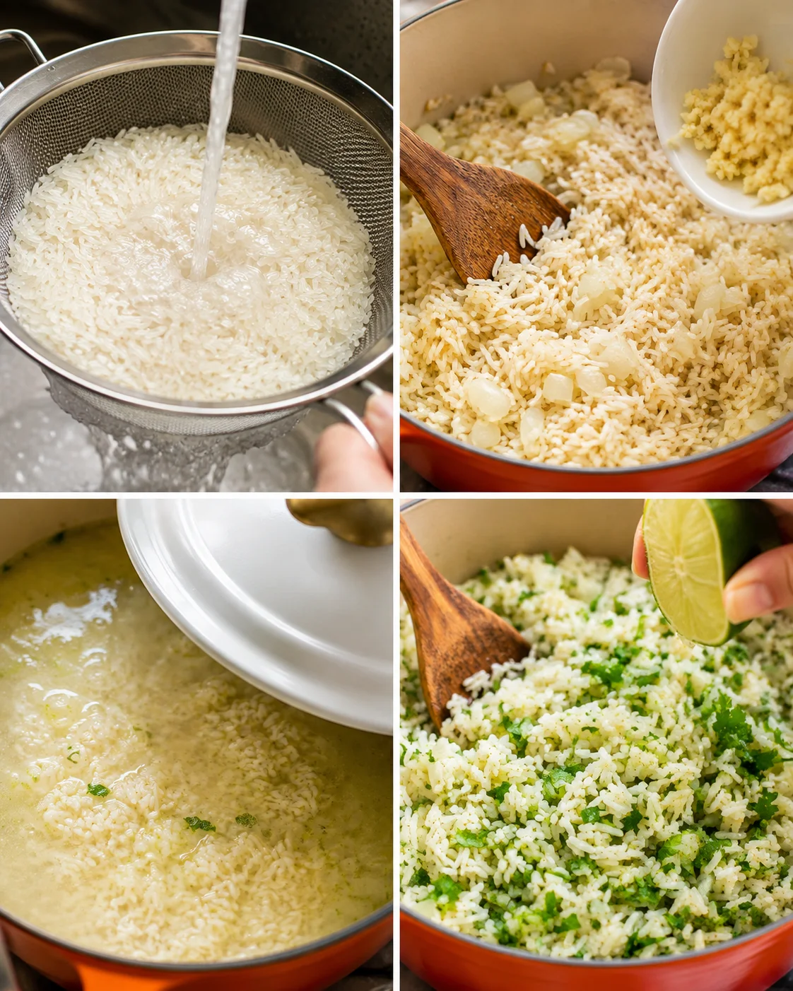 Collage showing rinsing rice, toasting and sautéing, simmering, and finishing with lime