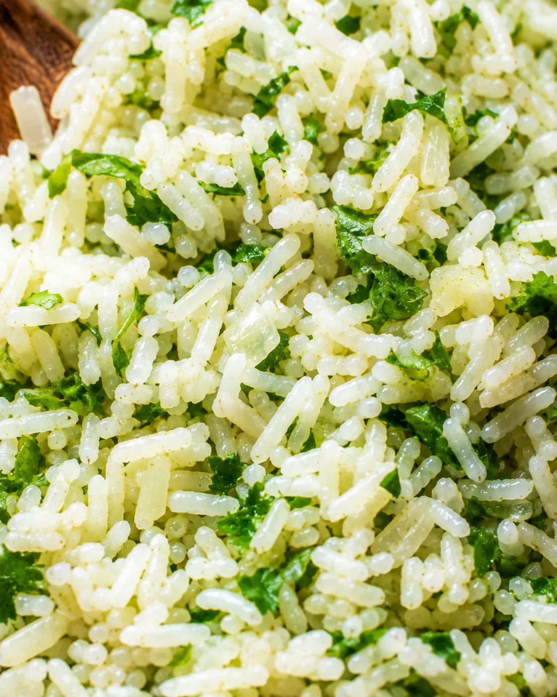 Close-up detail of cilantro lime rice grains and herbs
