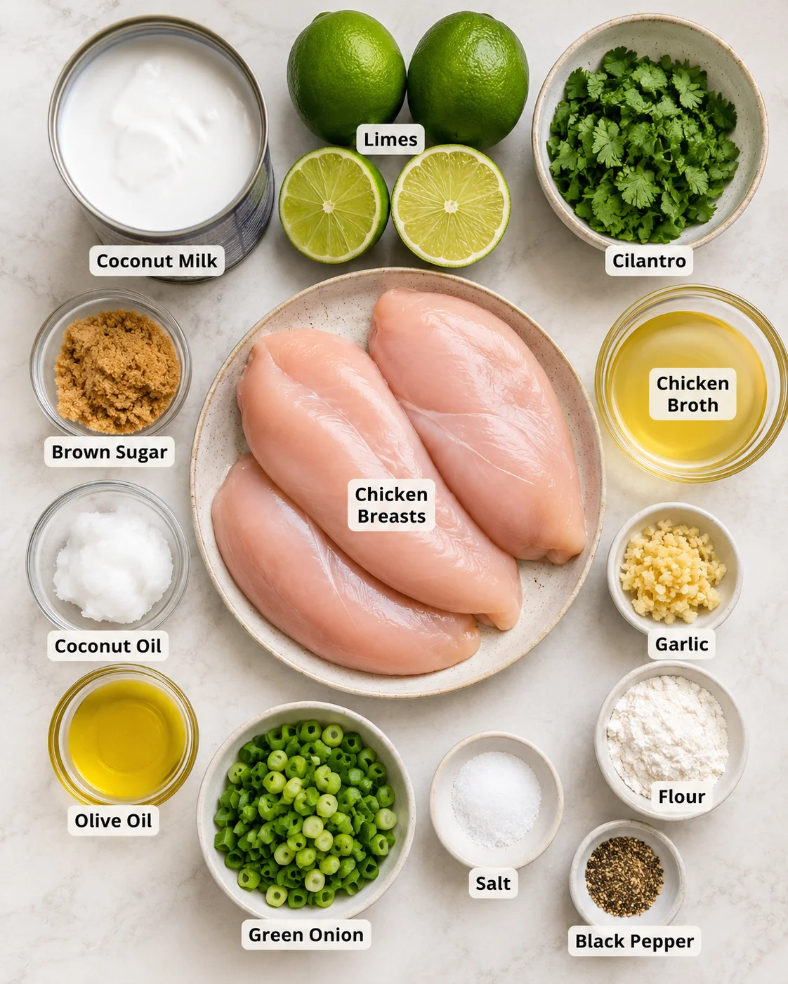 Top-down arrangement of ingredients for creamy coconut lime chicken including chicken, coconut milk, limes and herbs