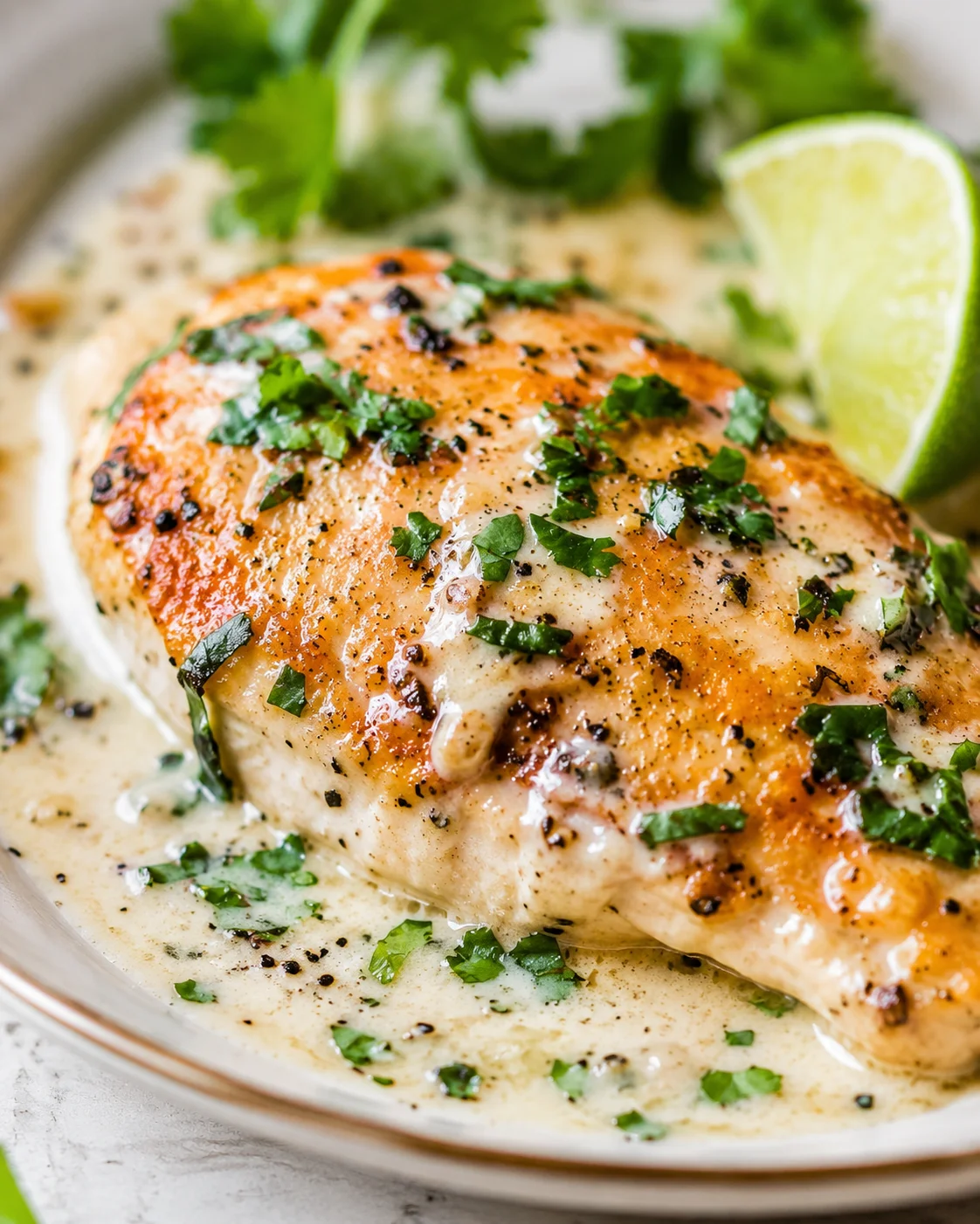 Single plated creamy coconut lime chicken breast with sauce, cilantro, and lime wedge