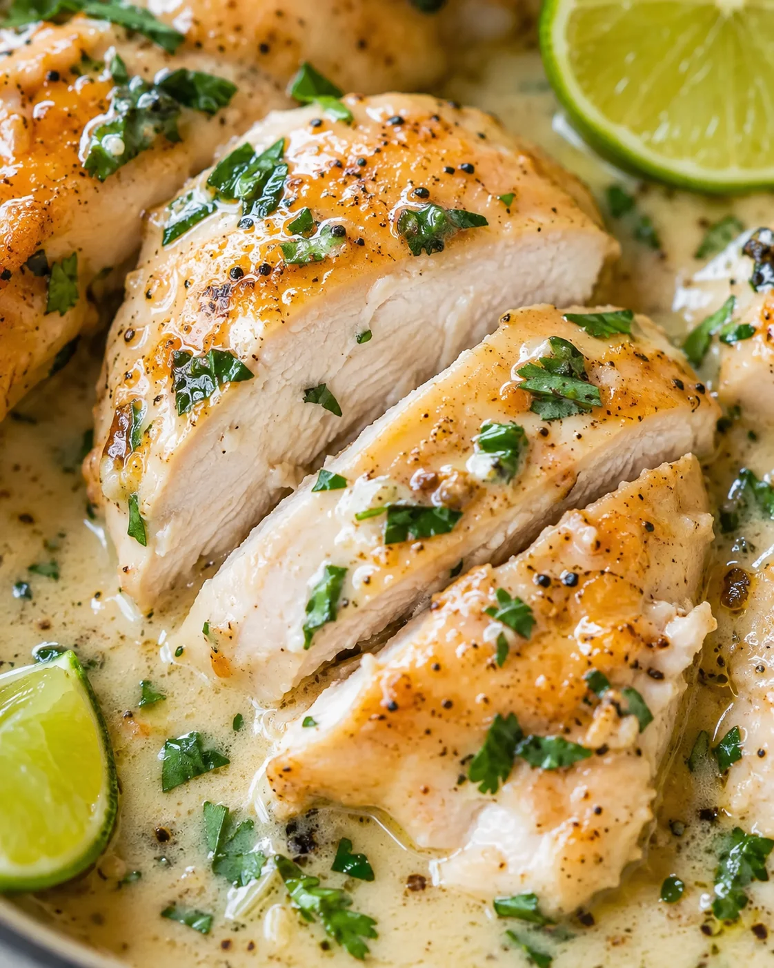 Sliced creamy coconut lime chicken showing cooked interior with sauce and cilantro