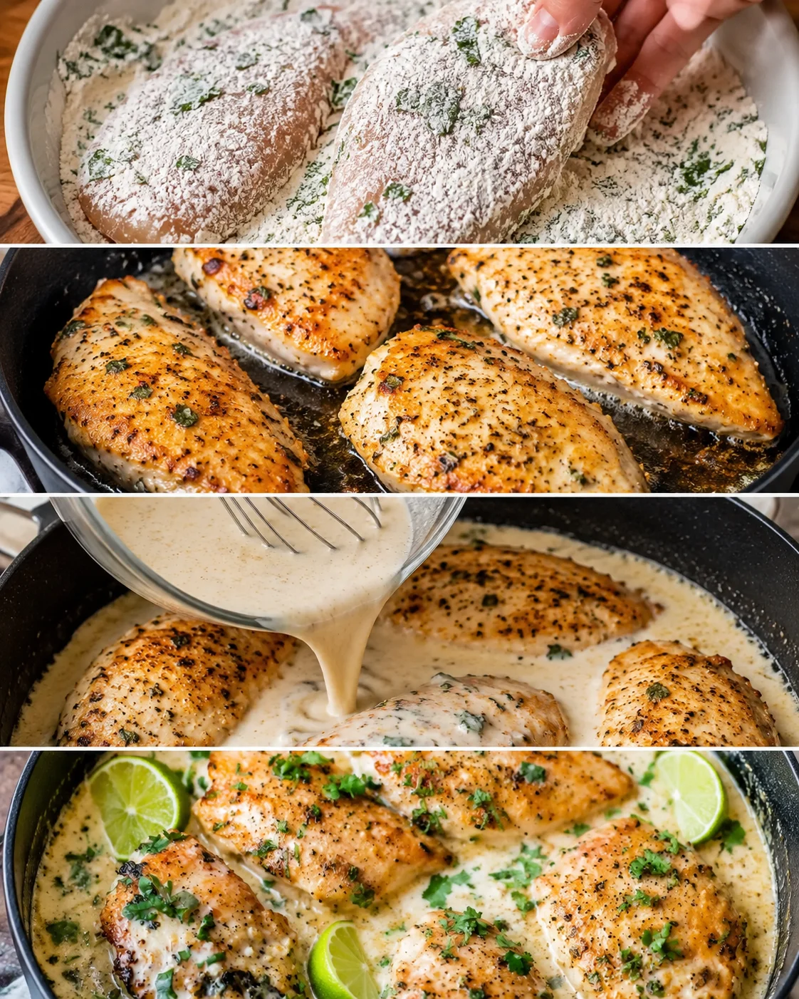 Four-panel sequence showing dredging, searing, pouring sauce, and finished creamy coconut lime chicken in skillet