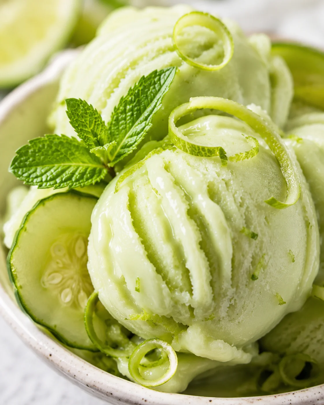 Three scoops of cucumber lime sorbet in a bowl garnished with mint and lime zest