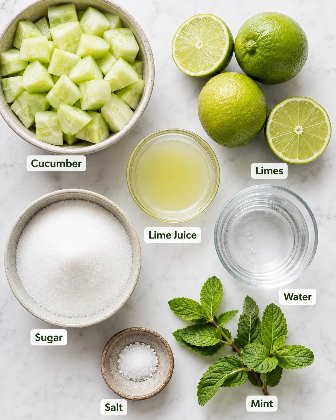 Top-down layout of chopped cucumber, limes, lime juice, sugar, water, salt, and mint for cucumber lime sorbet