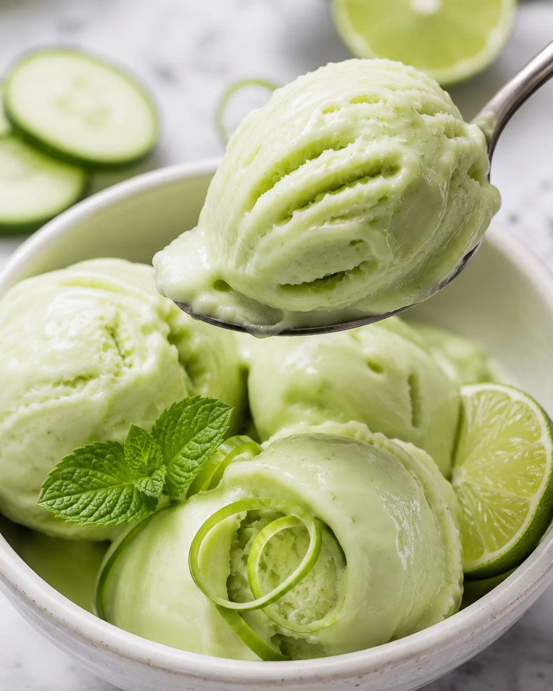 Spoon lifting a scoop of cucumber lime sorbet above a bowl with lime slices and mint