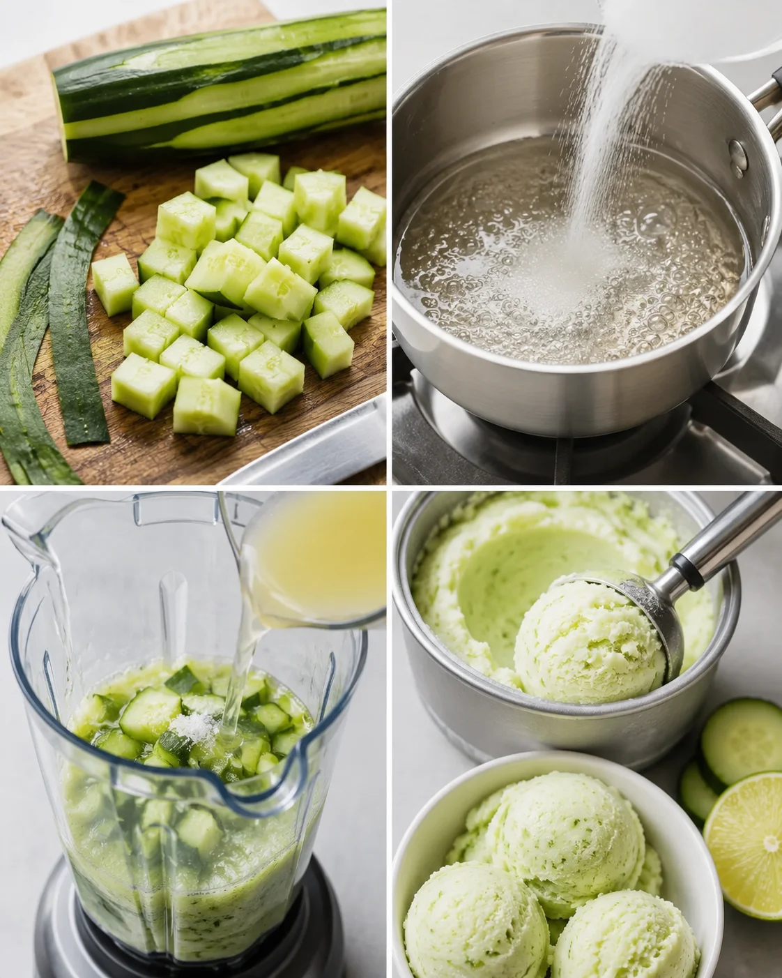 Four-panel collage showing chopping cucumbers, making simple syrup, blending ingredients, and scooping sorbet