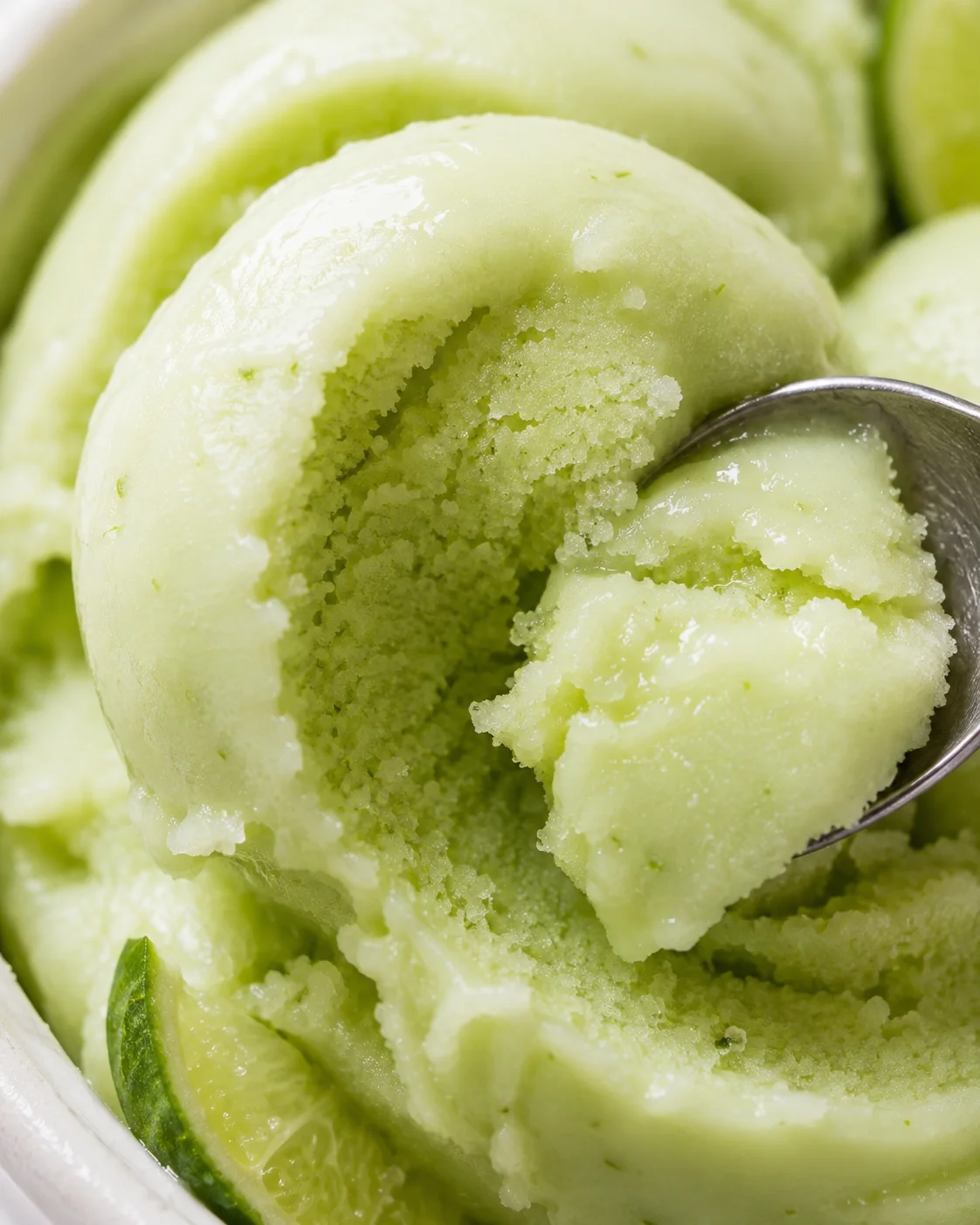 Close-up of cucumber lime sorbet interior texture as a spoon digs into it