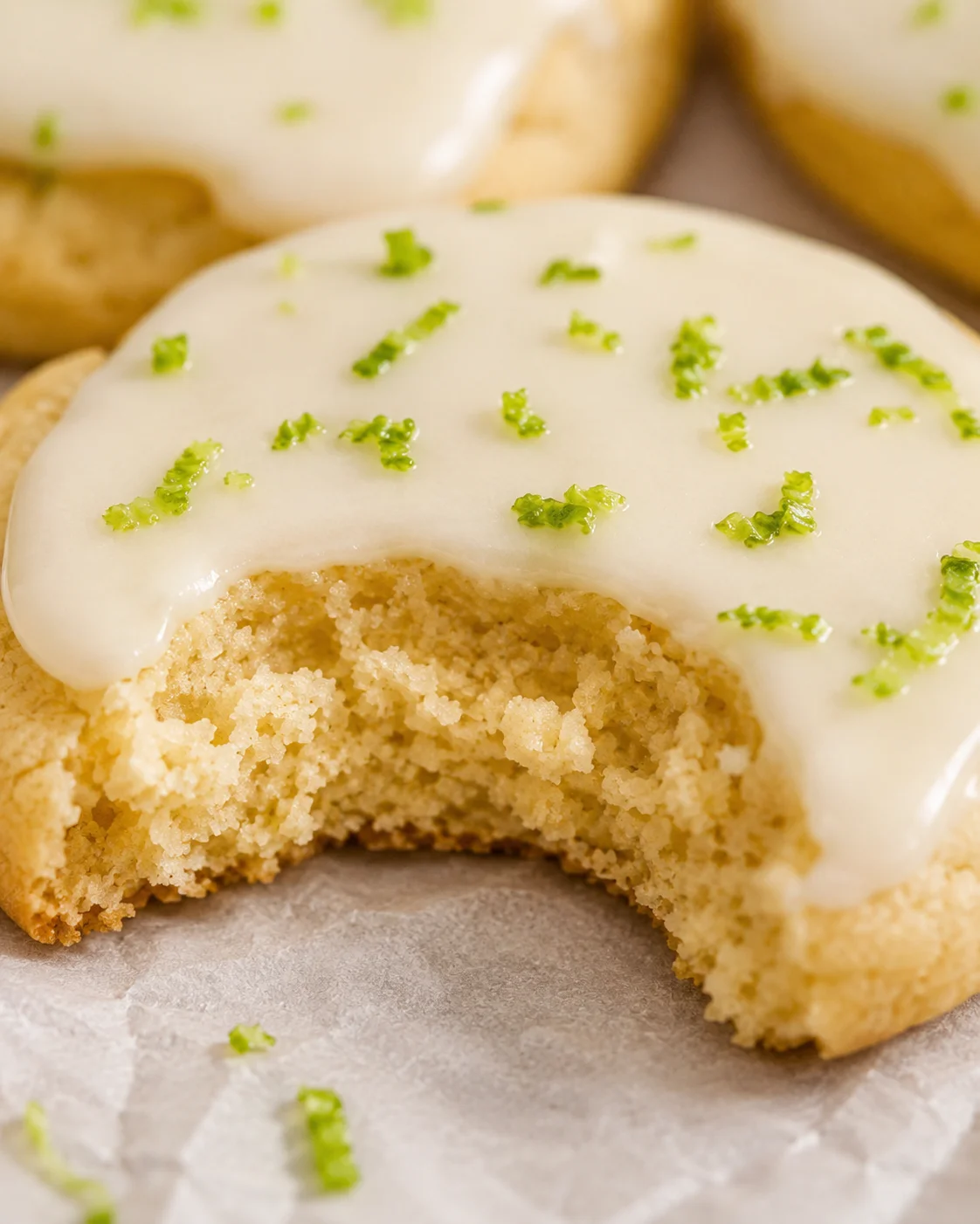 Close-up of a bitten Key Lime Cookie showing crumb and lime-glazed top with zest