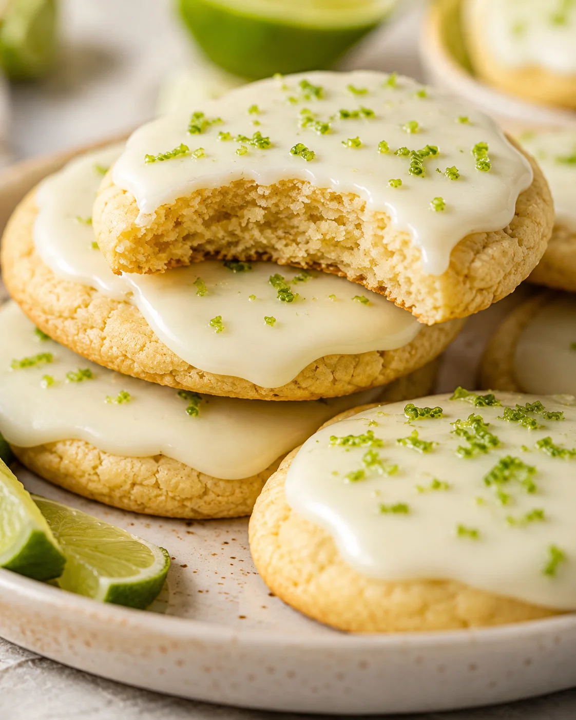 Stacked Key Lime Cookies with a bite revealing a soft interior and lime wedges in the background