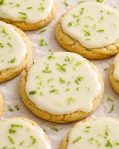Top-down view of glazed Key Lime Cookies sprinkled with lime zest