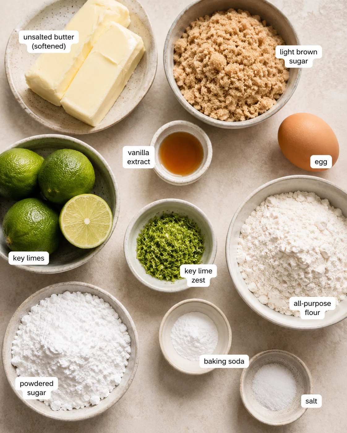 Top-down arrangement of Key Lime Cookies ingredients in bowls with labels