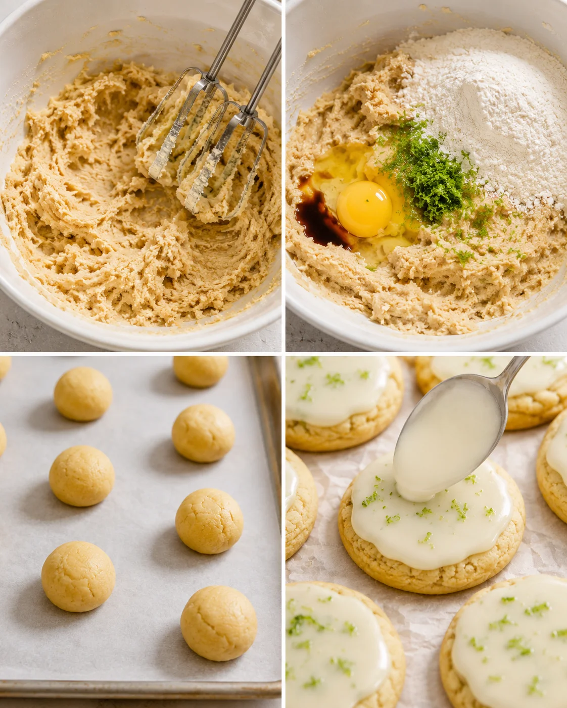 Collage of Key Lime Cookie preparation showing mixing, adding egg and zest, rolled dough balls, and glazing