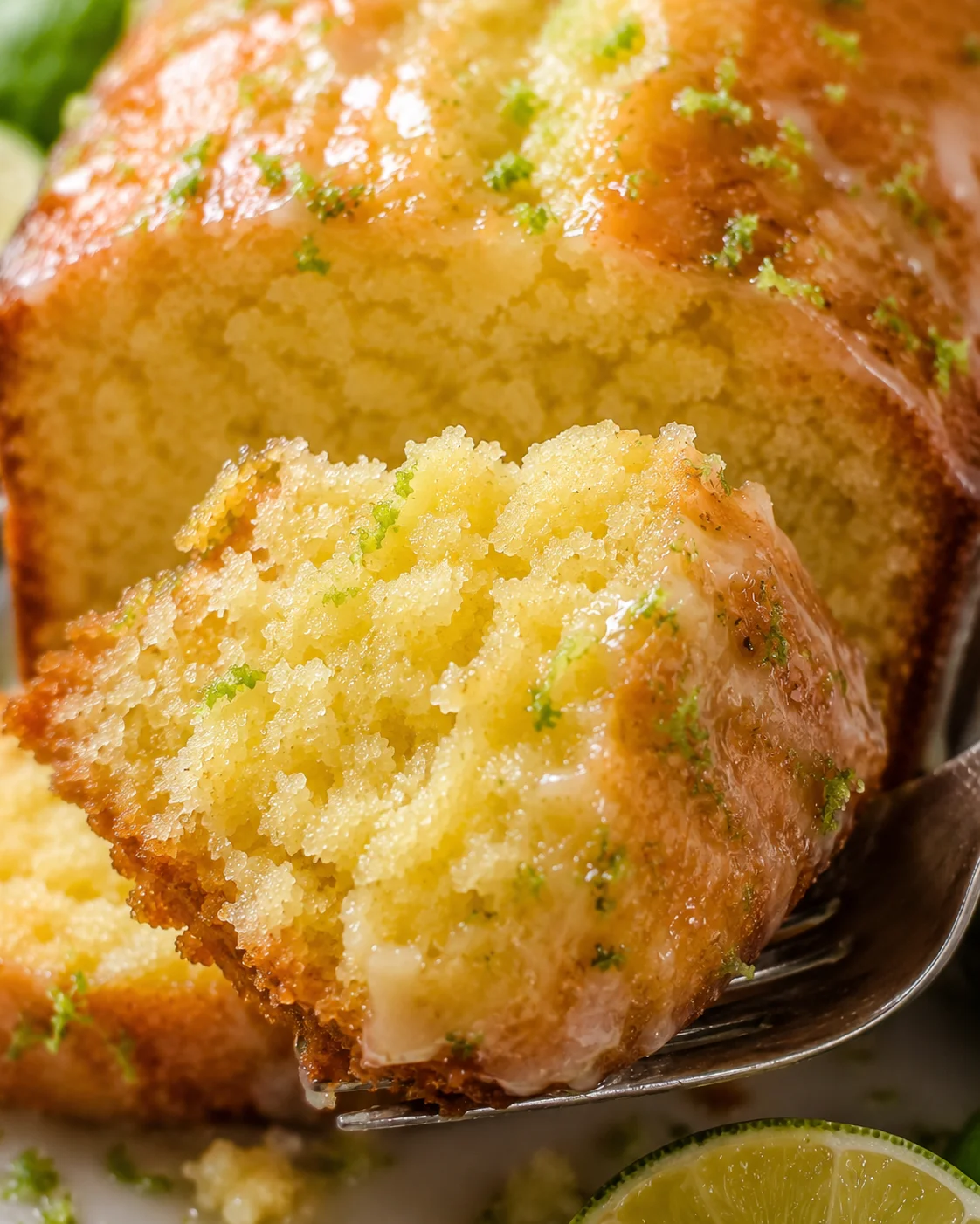 Fork holding a moist, glazed forkful of Key Lime Pound Cake showing crumb and lime zest