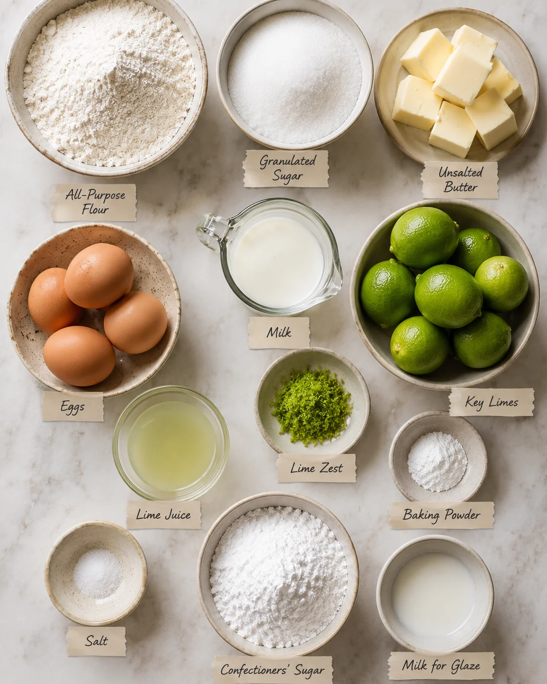 Top-down layout of ingredients for Key Lime Pound Cake including flour, sugar, butter, eggs, milk, key limes and zest