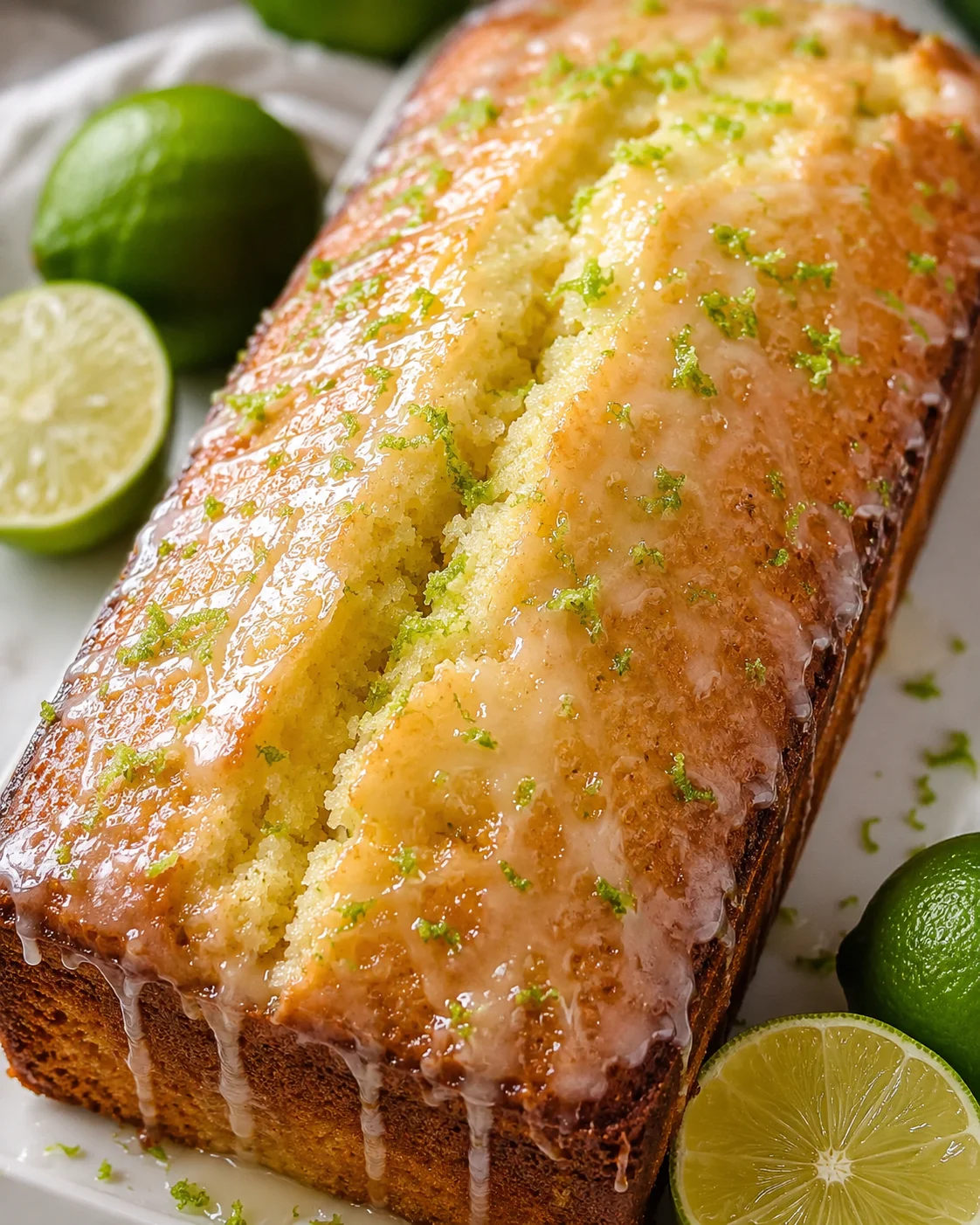 Glazed Key Lime Pound Cake loaf topped with lime zest and whole limes at the side