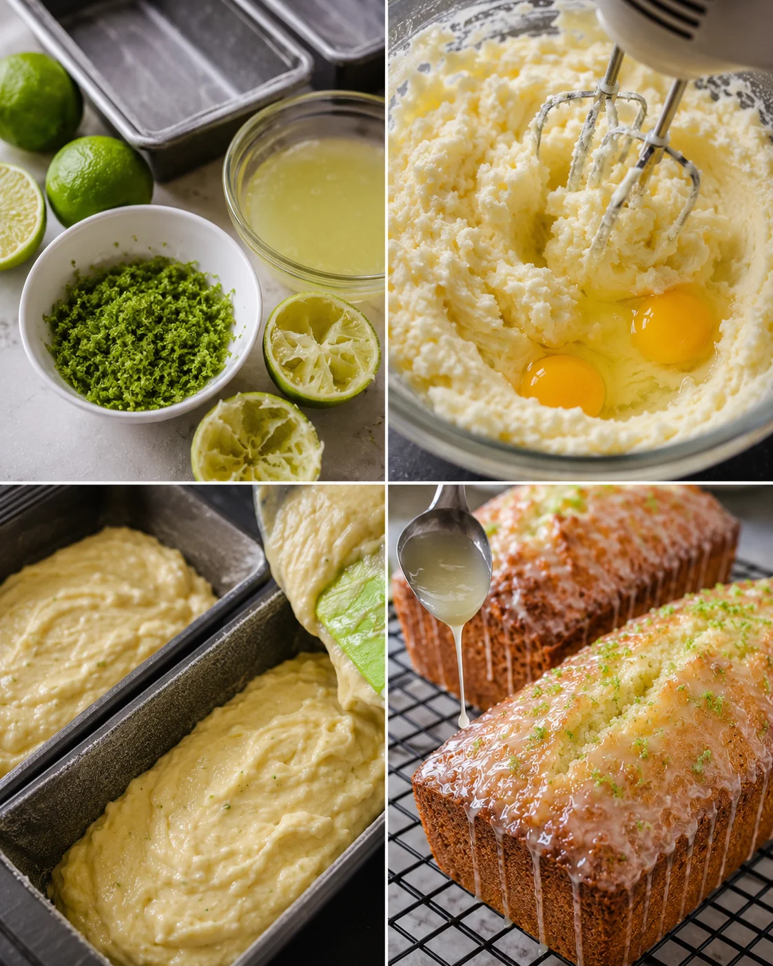 Four-panel collage showing lime zest and juice, creaming butter and eggs, batter in loaf pans, and glazing loaves