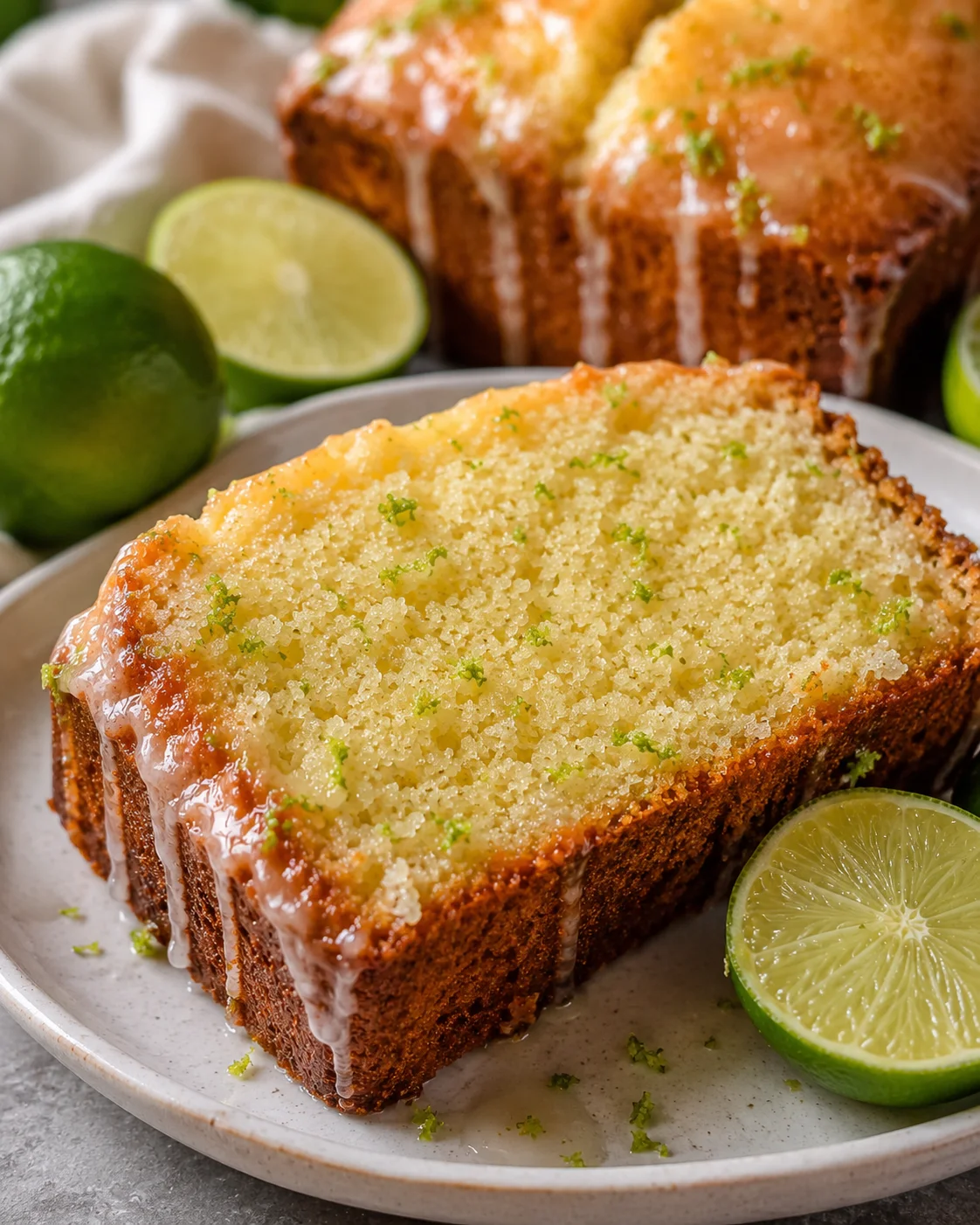 A plated slice of Key Lime Pound Cake with glaze and lime halves behind it