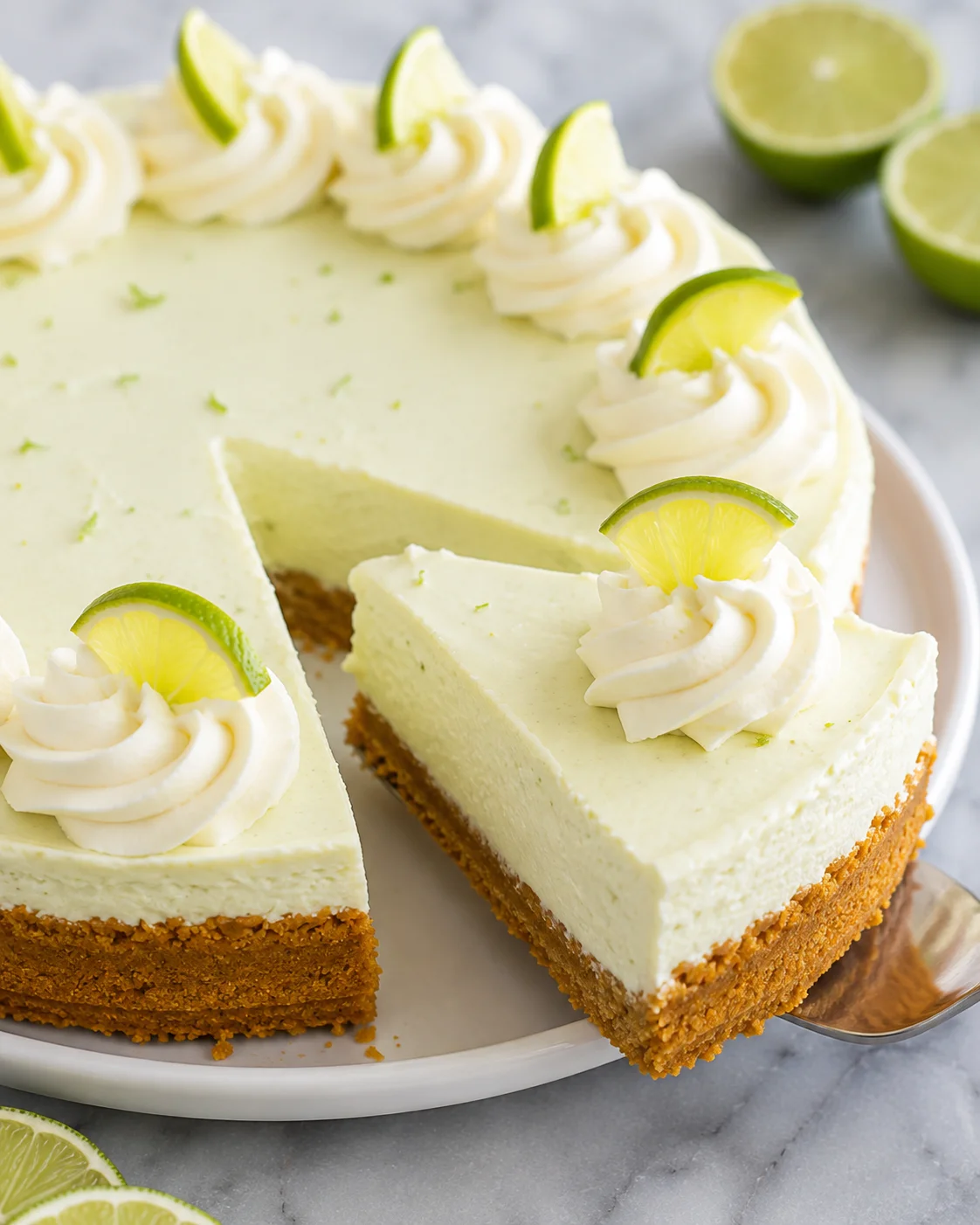 Slice being removed from no bake Key Lime Cheesecake showing creamy filling and graham crust