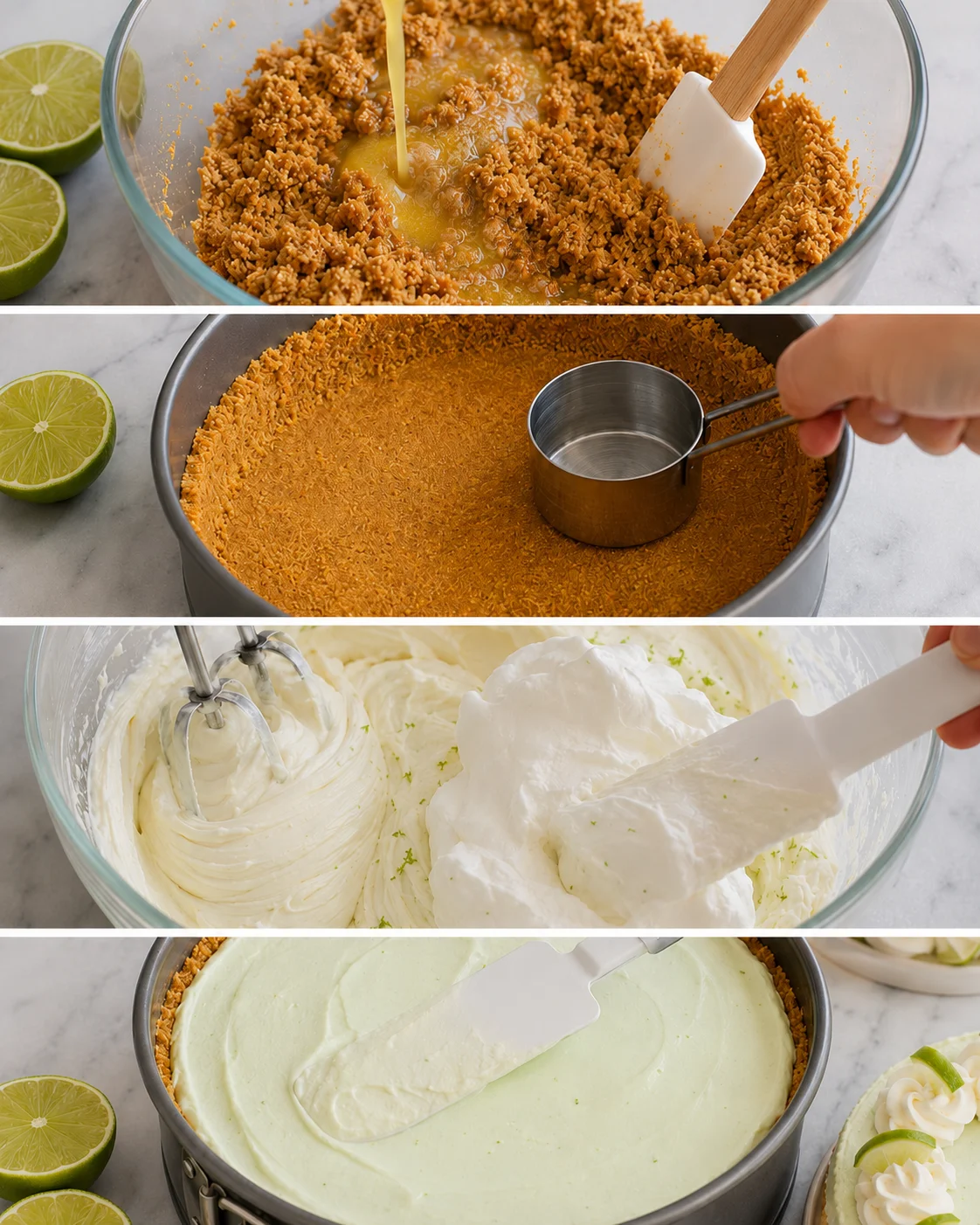 Collage showing steps to make no bake Key Lime Cheesecake: mixing crumbs, pressing crust, folding filling and spreading