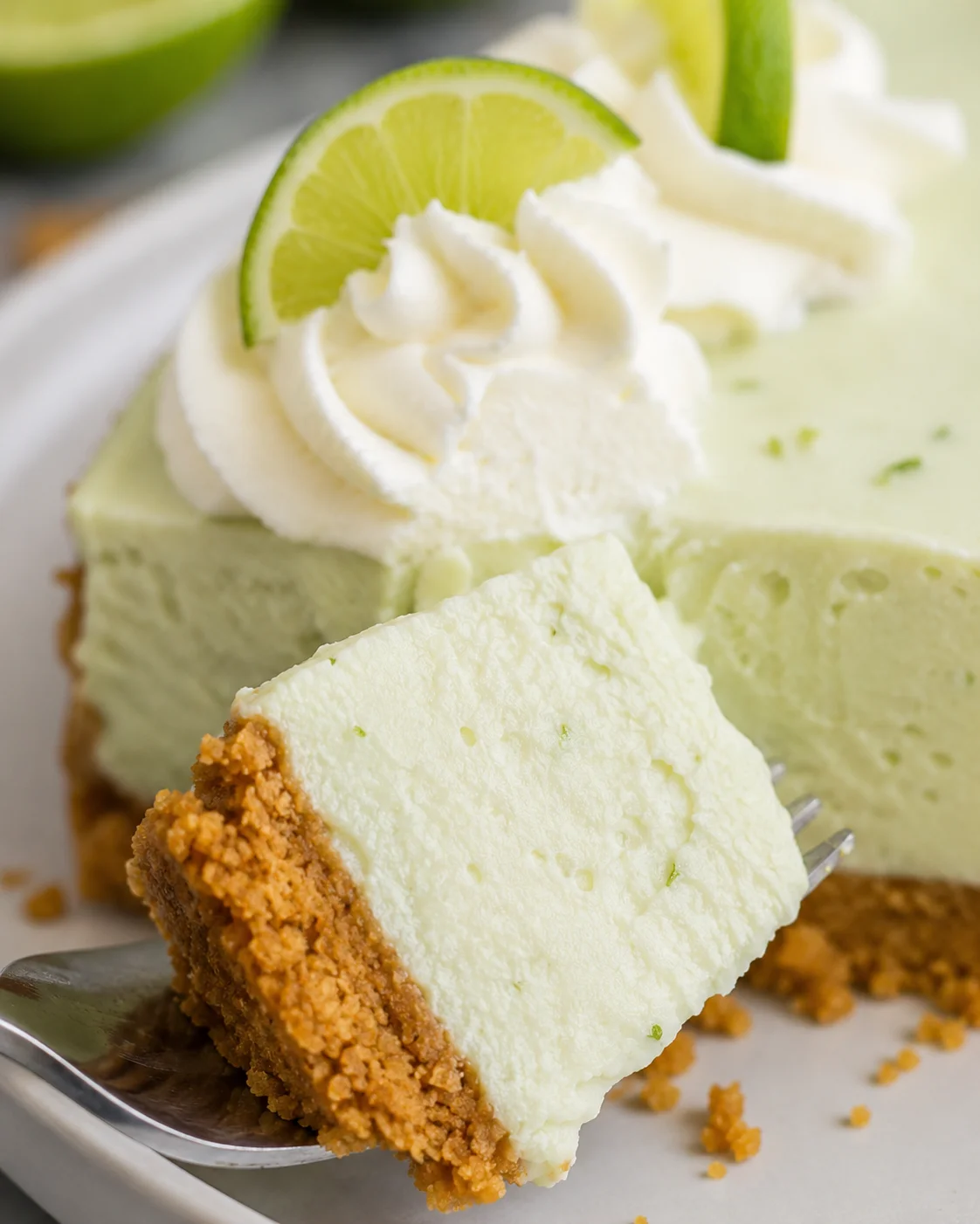 Close-up forkful of no bake Key Lime Cheesecake showing creamy interior and crumb crust