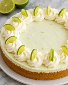 Whole no bake Key Lime Cheesecake on a plate with whipped cream rosettes and lime wedges
