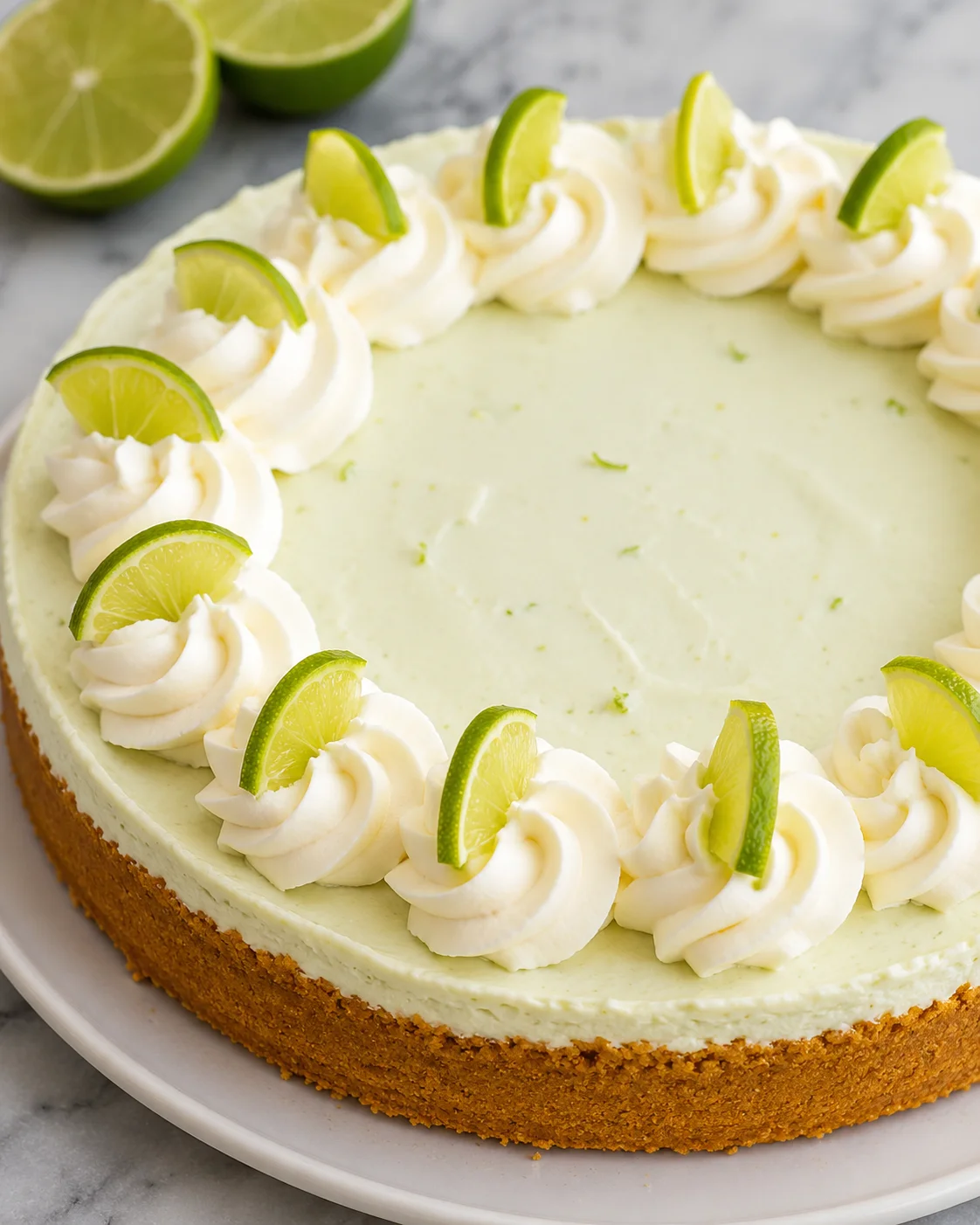 Whole no bake Key Lime Cheesecake on a plate with whipped cream rosettes and lime wedges