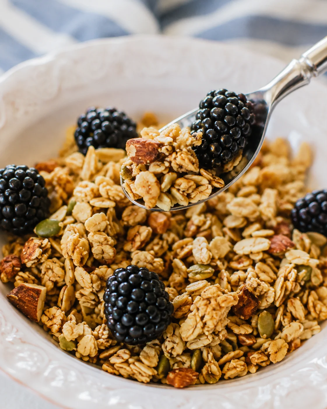 Healthy Gluten-Free Granola Recipe Homemade crunchy granola with blackberries in a decorative bowl.