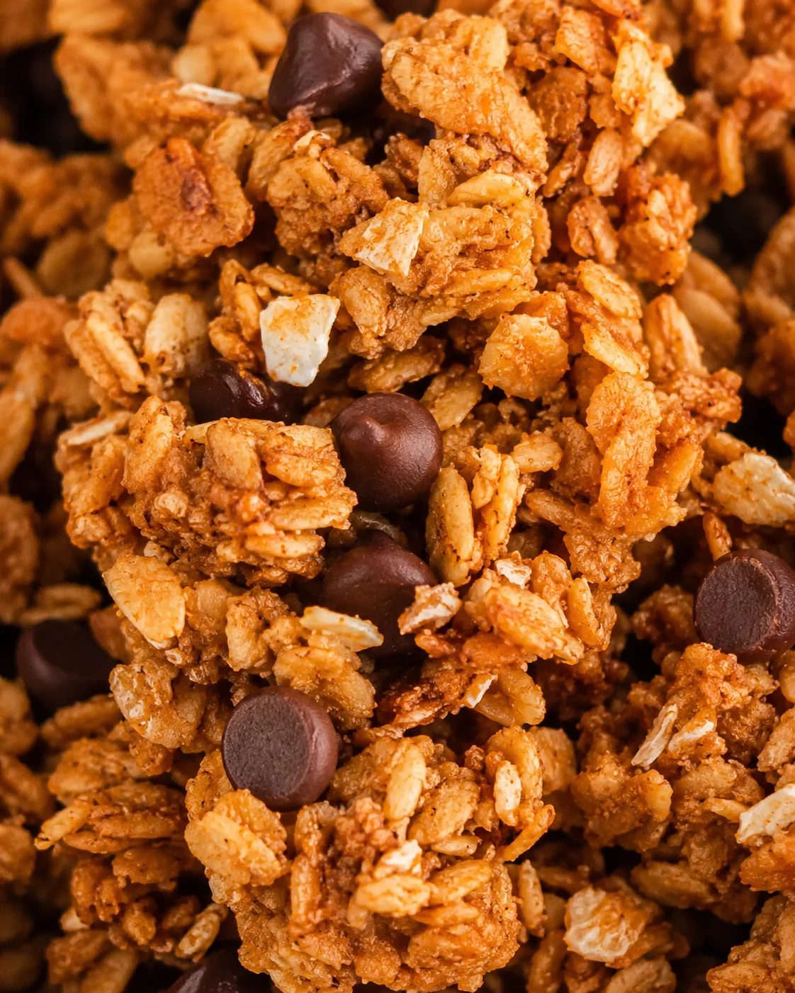 Chocolate Chip Peanut Butter Granola Crunchy homemade peanut butter granola with chocolate chips and toasted coconut.