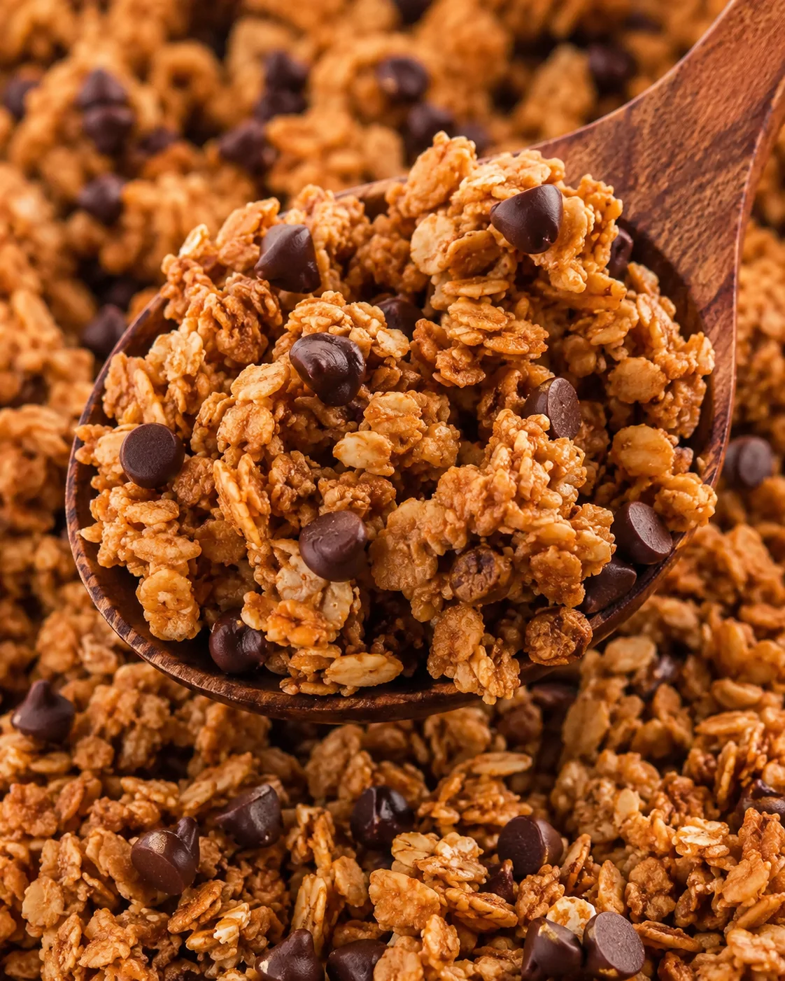 Chocolate Chip Peanut Butter Granola Crunchy homemade granola with chocolate chips and peanut butter flavor.