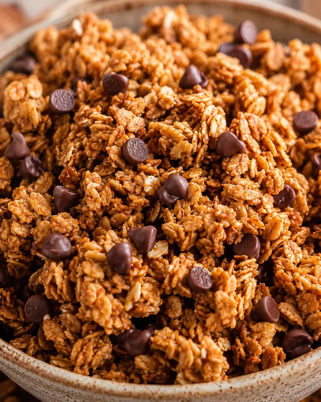Chocolate Chip Peanut Butter Granola Close-up of crunchy granola clusters with chocolate chips in a bowl.