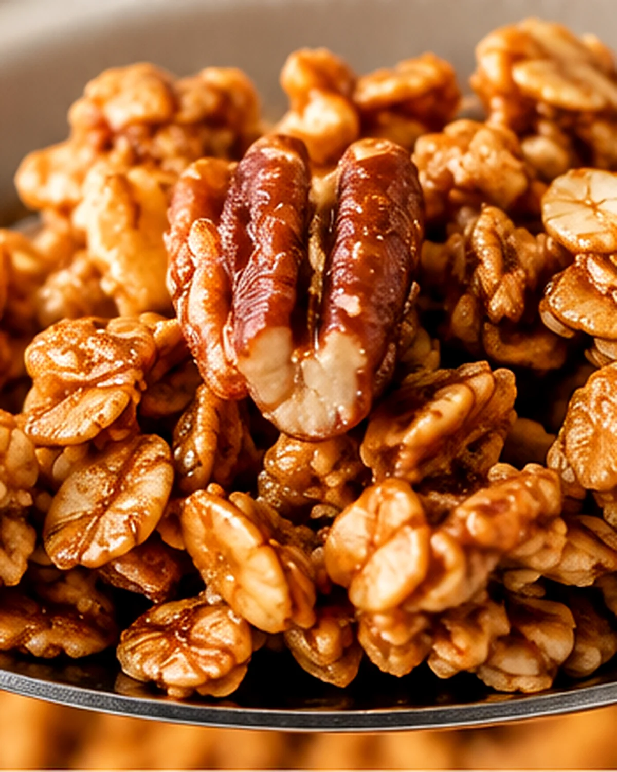 Crispy, chunky homemade granola displayed in a bowl with nuts and honey