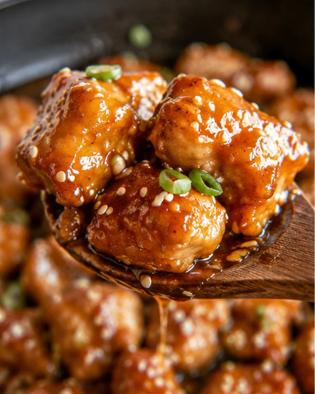 Sticky Sesame Chicken Close-Up Delicious sesame chicken pieces coated in glossy, sticky sauce with sesame seeds and green onions.