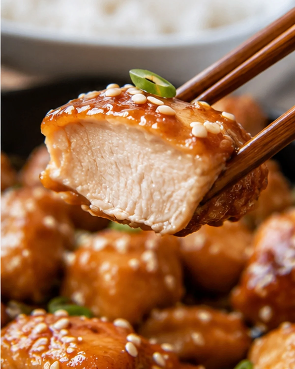 Delicious Sesame Chicken Close-up of tender sesame chicken with sticky sauce and sesame seeds, served with chopsticks