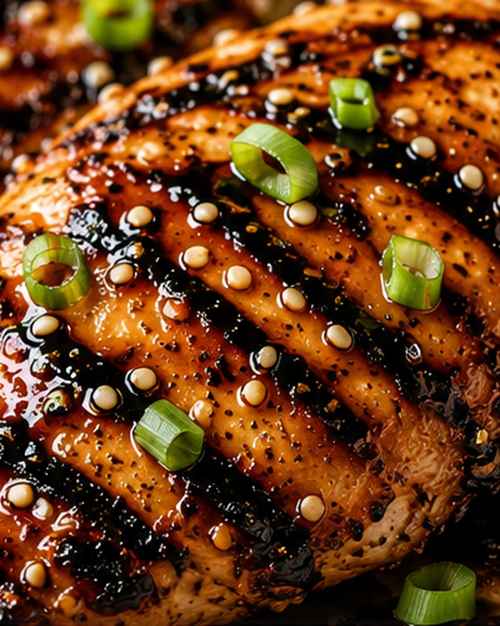 Grilled Sesame Chicken Juicy grilled sesame chicken topped with green onions and sesame seeds.