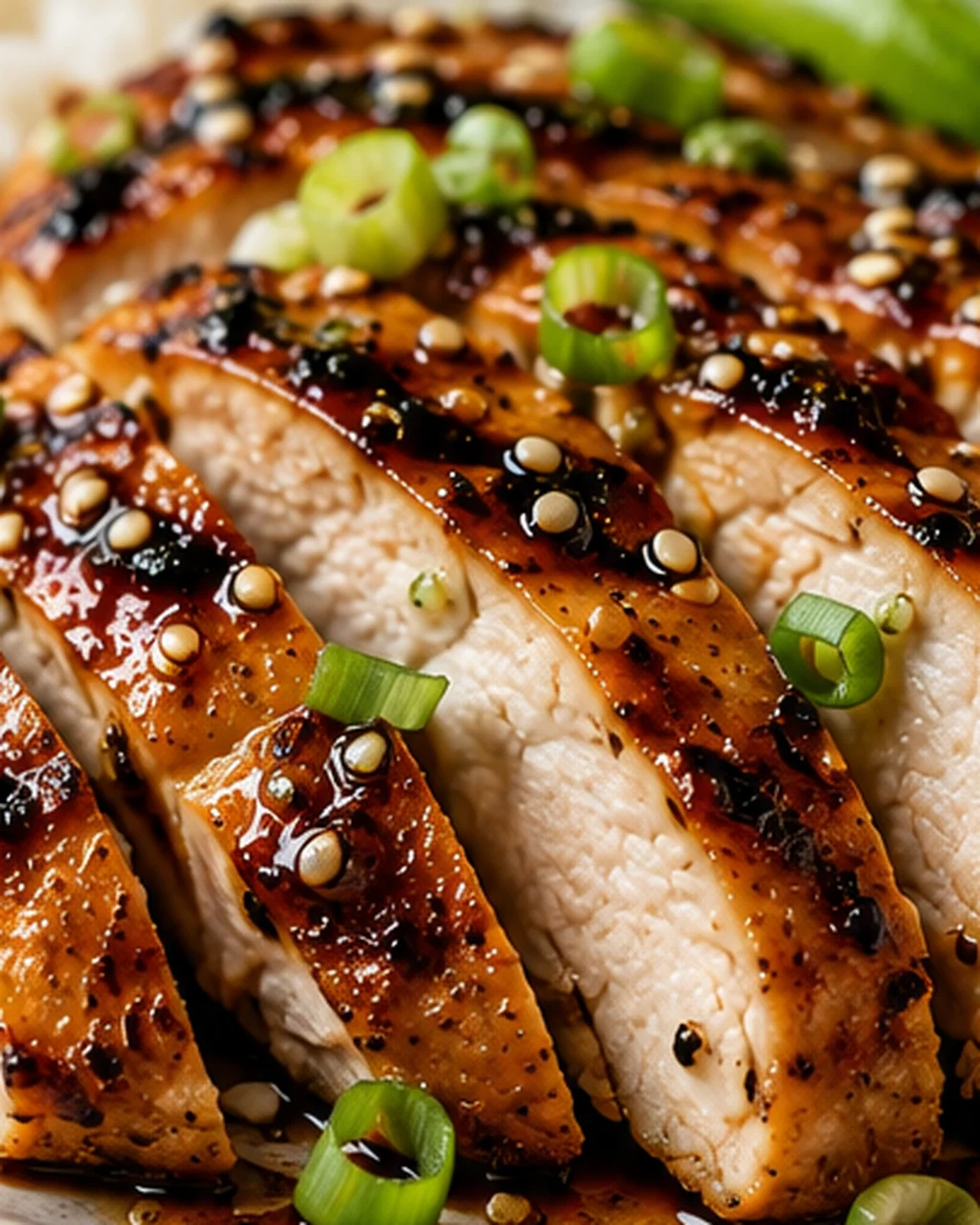 Grilled Sesame Chicken Juicy grilled sesame chicken with green onion and sesame seeds garnished on top