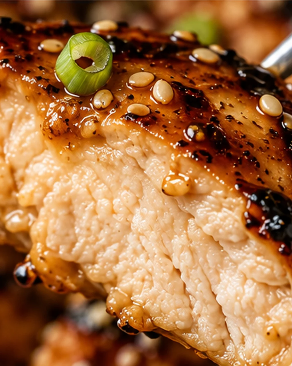 Close-Up of Juicy Grilled Sesame Chicken Tender grilled sesame chicken topped with sesame seeds and green onion slices
