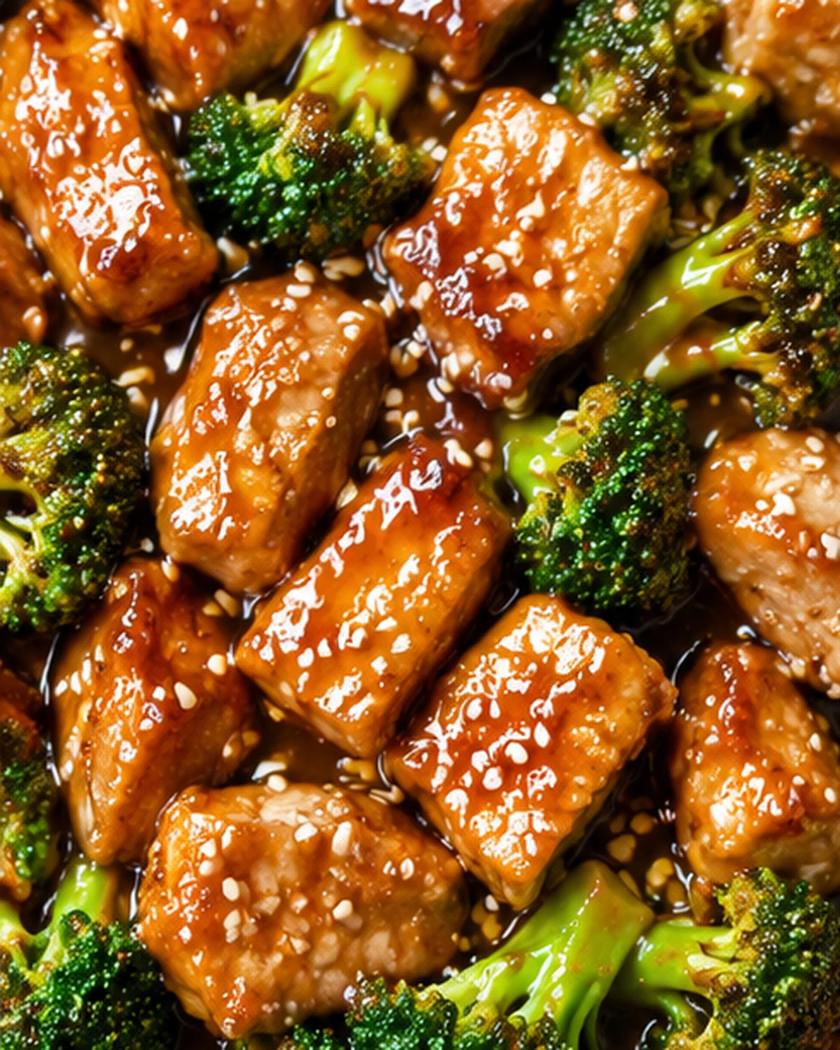 Easy Sesame Chicken and Broccoli Close-up of juicy sesame chicken with broccoli in savory sauce