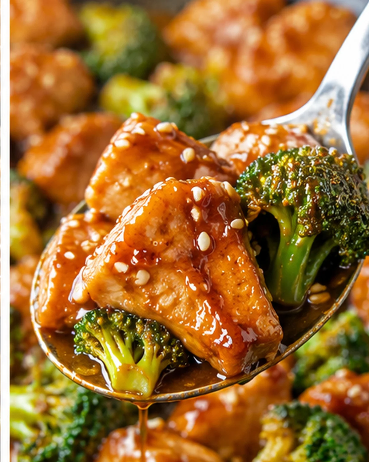 Close-up of sticky sesame chicken with tender broccoli, drizzled with sauce.